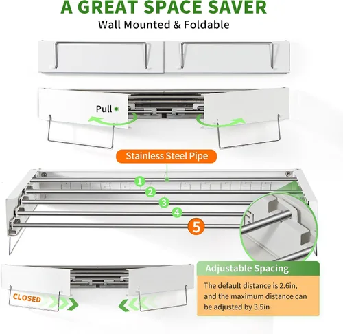 Miniatura 3 de Heshecein - Tendedero plegable para colgar en la pared, 5 varillas de acero inoxidable, estante plegable para ropa y toallas para interiores