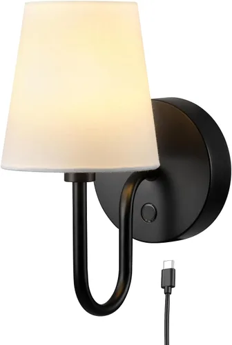 Miniatura 17 de Globe Electric 65000043 Lámpara de pared de 1 luz enchufable o cableada, negro mate, pantalla de tela blanca, brazo oscilante, cable de 1.8 metros