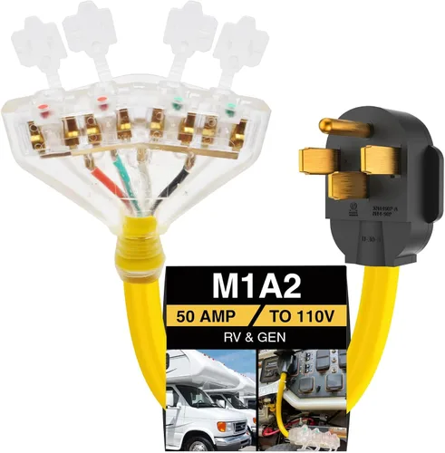 Adaptador de 50 amperios a 20 amperios 110 Distribución RV NEMA 14-50P 4 clavijas macho a 4X 5-20R enchufe doméstico hembra con tapas de protección