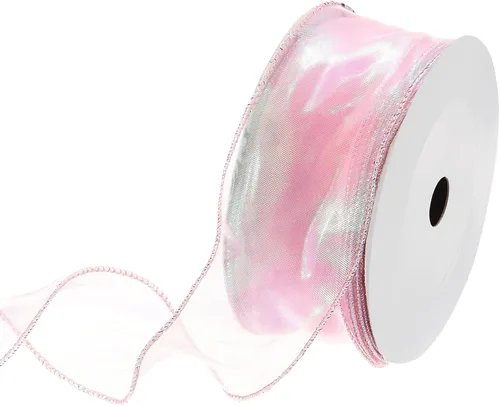Miniatura 73 de MECCANIXITY - Cinta de organza con cable de 1 1/2" de ancho, brillante, transparente, con brillo irisado en tonos pastel, cinta de gasa para Beige