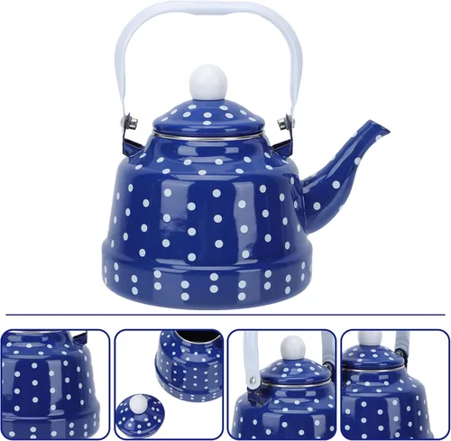 Miniatura 9 de jojofuny Tetera de agua con calefacción esmaltada de lunares, 1.7L, con boquilla segura, conductividad térmica rápida para cocina en el hogar