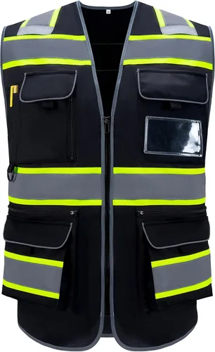 Chaleco de seguridad reflectante de alta visibilidad, clase 2, 10 bolsillos, transpirable y forro de malla, ropa de trabajo (M-2XL, amarillo negro)