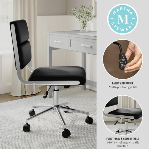 Miniatura 4 de Martha Stewart Lulu - Silla giratoria con asiento ajustable en altura para oficina en casa en piel sintética negra con marco de níquel pulido