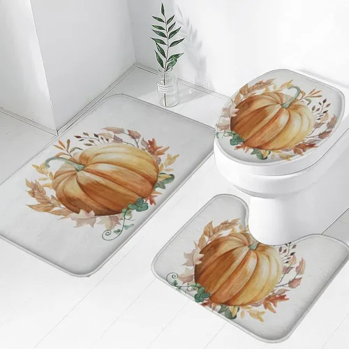 Miniatura 26 de Tapete de baño de 3 piezas de otoño con diseño de calabaza, color azul y verde, hojas de arce, cosecha, decoración de Acción de Gracias, juego