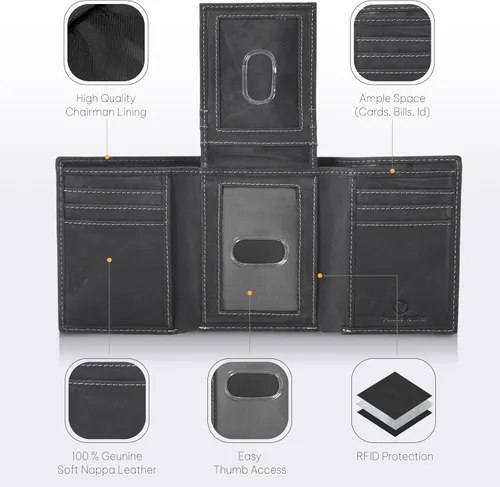 Miniatura 3 de VALENCHI Cartera de piel auténtica para hombre, con bloqueo RFID, delgada, con solapa media, 9 tarjetas, 2 ventanas de identificación + 2