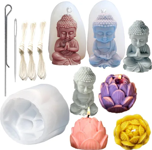 Moldes de silicona para velas de loto y mini Buda con aguja de gancho para molde, etc. para decoración del hogar, velas perfumadas, fabricación de
