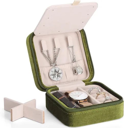 Miniatura 6 de Vlando Joyero de viaje y organizador, pequeñas cajas organizadoras de joyas para niñas, espejo de terciopelo para aretes, collares, anillos