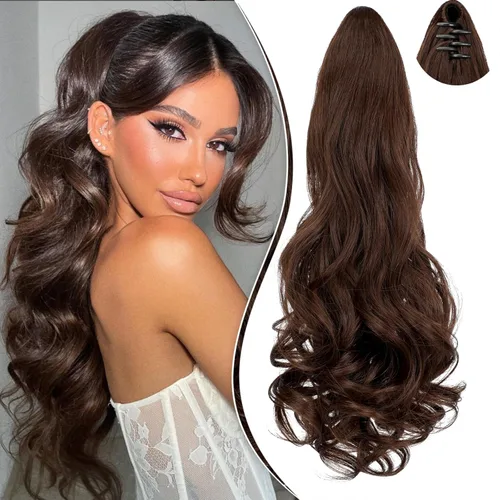 Miniatura 16 de Extensión de cola de caballo de 18 pulgadas, rizado, ondulado, con clip, extensiones de cabello largo sintético para mujer, color marrón claro