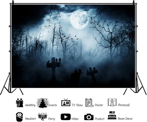 Miniatura 6 de Fondo de vinilo de 5 x 3 pies con temática de Halloween, escena sombría, fotografía, cementerio aterrador, lápida, fantasma, luna llena, retratos