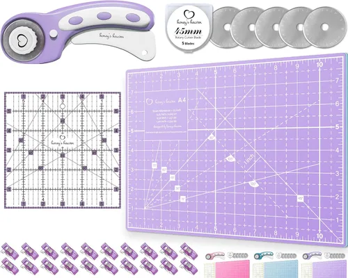 Miniatura 17 de Juego de cortador giratorio - Kit de acolchado incl. Cortador de tela de 45 mm, 5 cuchillas de repuesto - Ideal para manualidades, costura, parcheo