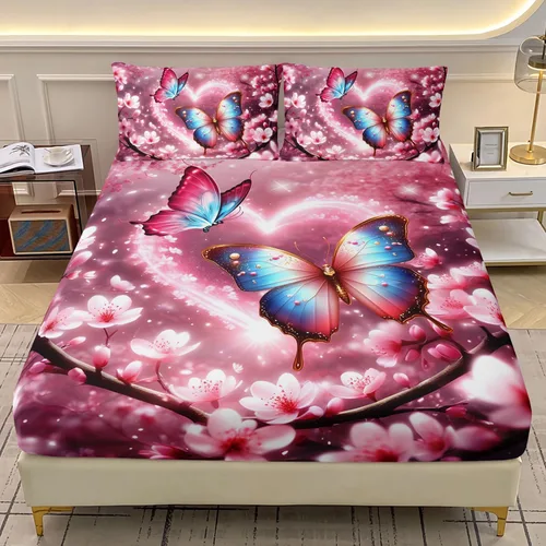 AILONEN Juego de sábanas bajeras de mariposa y mariposa para niñas, juego de ropa de cama con diseño de mariposas y cerezos rosados, para regalo,