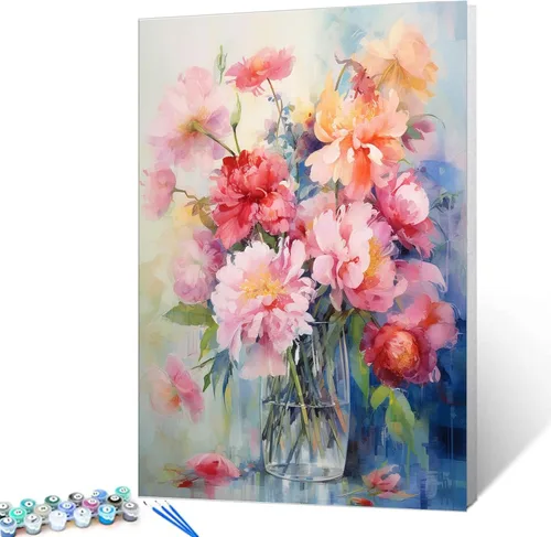 Miniatura 17 de Tucocoo Kits de pintura floral de amapola por números con pinceles y pigmento acrílico sobre lienzo para adultos, hermosos jarrones, flores, Obras