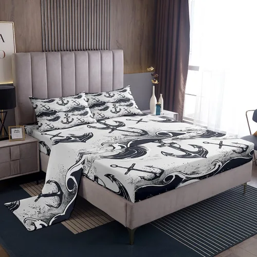 Miniatura 36 de Erosebridal Juego de sábanas de ballena náutica, tamaño individual, juego de ropa de cama vintage azul con ondas oceánicas para niños y niñas