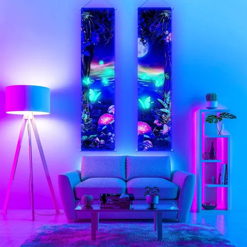 Miniatura 6 de Tiamon 2 Piezas Decoración de Pared Arte con Luz Negra Tapiz Psicodélico Luz Negra Tapiz Reactivo UV Póster Banner Estético Colgante para Habitación