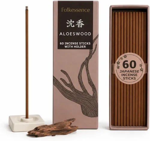 Folkulture Varillas de incienso japoneses | Paquete de 60 inciensos de madera de aloe premium | Sin carbón, sin humo negro | Aroma amaderado para