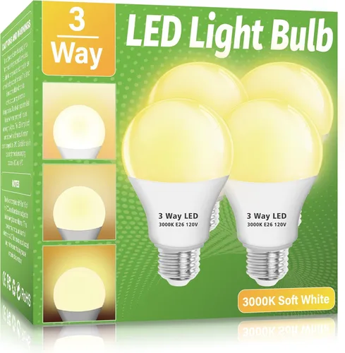 Miniatura 28 de Bombillas LED de 3 Vías Paquete de 2, Bombillas de 3 Vías 30 70 100 Blanco Suave 3000K, Base Media E26 A19 Bombilla de Tres Vías, Bombilla