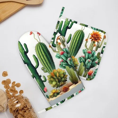 Miniatura 8 de Juego de manoplas de horno de cactus y soportes para ollas, guantes de horno de silicona resistentes al calor para cocinar, guantes de horno