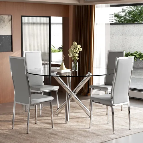 Miniatura 38 de Moderno juego de mesa redonda de cristal para 2, juego de mesa de cocina de círculo pequeño de 36 pulgadas con 2 sillas de comedor de piel sintética
