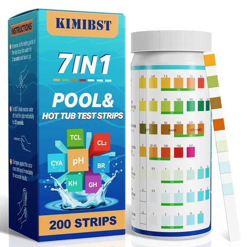 Tiras de prueba para piscinas: kit de prueba profesional de 7 vías para bañera de hidromasaje y spa de bromo pH total cloro y dureza ácido cianúrico