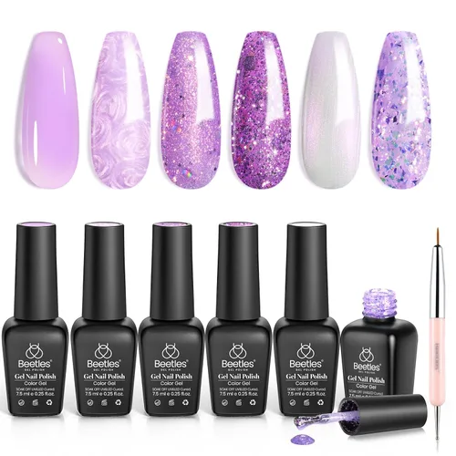 Miniatura 30 de Beetles - Juego Carnival Evergreen de 6 esmaltes de uñas de gel con purpurina, kit de 6 piezas con lámpara de remojo, aguacate, diseño de arte