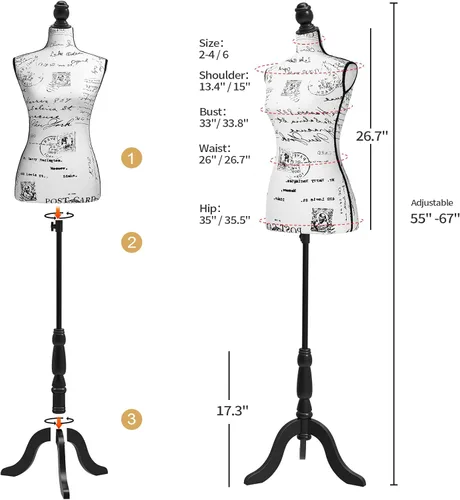 Miniatura 2 de Bonnlo Maniquí de costura, apto para clavar alfileres, para vestido de mujer, con base de trípode de madera., 6 Beige