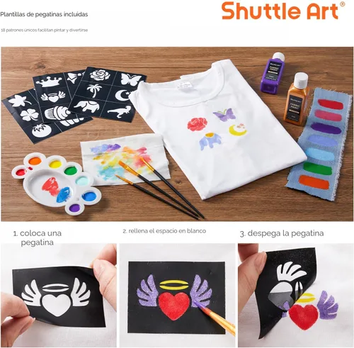 Miniatura 4 de Shuttle Art Pintura para tela, 18 colores de pintura para tela suave permanente en botellas (60ml/2oz) con pinceles, paleta, plantillas, pintura