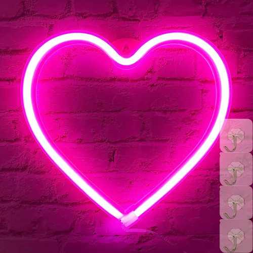Miniatura 2 de Luces de corazón de neón – Lámpara de corazón LED rosa, decoración para el hogar, regalos colgantes, funciona con USB / pilas para dormitorio, sala
