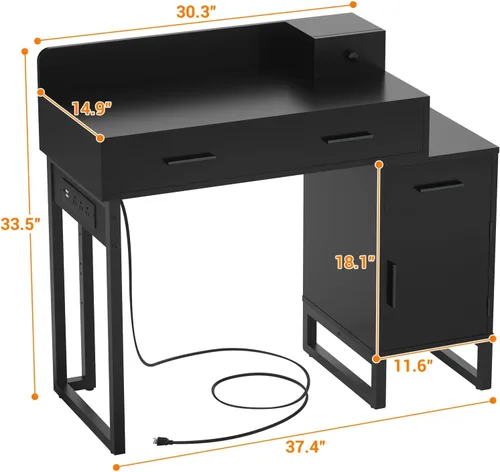 Miniatura 3 de Mesa de tocador con 4 cajones de almacenamiento - Mesa de tocador de maquillaje moderna con estación de carga, mesa de tocador negra con gabinete