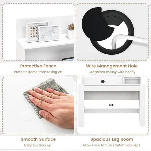 Miniatura 5 de Tangkula Escritorio blanco con gabinete, escritorio de oficina en casa con estantería, escritorio de estudio de escritura con dispositivo anti-caída