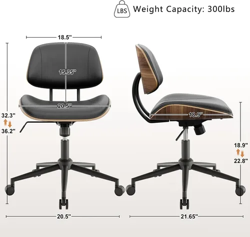 Miniatura 2 de Silla de oficina sin brazos con ruedas, silla de escritorio de piel sintética de altura ajustable, silla de computadora ergonómica giratoria de 360°
