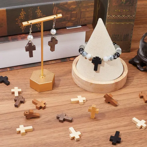 Miniatura 4 de SUNNYCLUE 100 dijes de cruz de madera a granel, cuentas de madera natural, mini cruces de bolsillo blancas y negras, rosario, crucifijo de Pascua