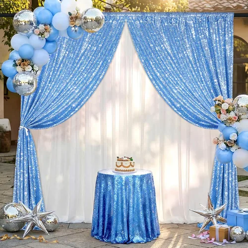 Miniatura 8 de Cortinas de fondo de lentejuelas con purpurina azul bebé, 2 piezas de 2 x 8 pies, telón de fondo de fiesta de baby shower para niños, hermosas