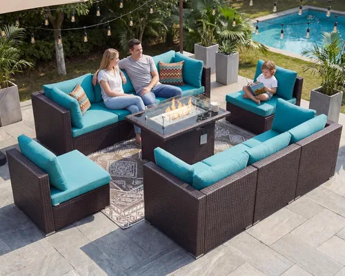 Miniatura 22 de BULEXYARD Juego de muebles de patio de respaldo alto de 7 piezas con mesa de fogata de combustible dual propano/gas natural, sofá seccional