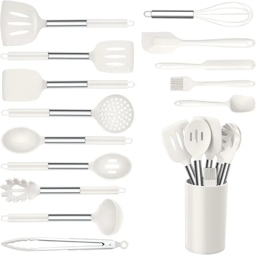 Miniatura 13 de Onader Juego de utensilios de cocina, 15 piezas de utensilios de cocina de silicona con soporte y mango de acero inoxidable resistente al calor
