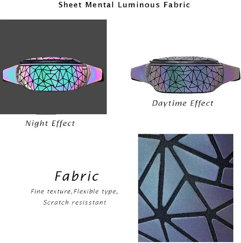 Miniatura 3 de Riñoneras para mujeres y hombres, bolsa holográfica luminosa para el pecho, paquete de cintura geométrica para viajes, festivales, correr, deportes