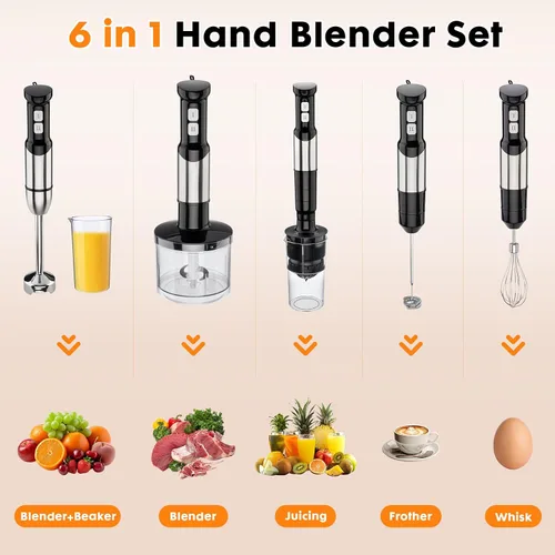 Miniatura 3 de Batidora de inmersión de mano inalámbrica 6 en 1 Mezclador de mano de acero inoxidable 25 velocidades Turbo Mode Electric Sitck Beaker Chopper Milk