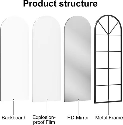 Miniatura 7 de OGCAU Espejo de Piso Arqueado de Cuerpo Entero, 65"x22" Diseño de Panel de Ventana, Decorativo para Colgar o Apoyar, Cuerpo Completo con Marco