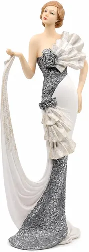 Comfy Hour Figura de dama victoriana de 13 pulgadas, elegante estatua de mujer en vestido blanco y plateado, estilo art déco de los años 20, acento