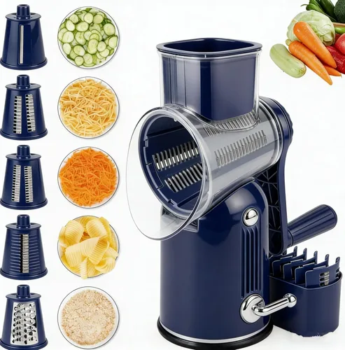 Miniatura 8 de Rallador de queso giratorio con mango: rallador de queso 5 en 1, manivela de mano, base de succión fuerte para frutas y verduras, nueces con caja