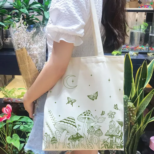 Miniatura 2 de THEYGE Bolsa de mano con diseño de hongos, estética, vintage, divertida, de lona de algodón, reutilizable, para compras, playa, bolsa de hombro Verde