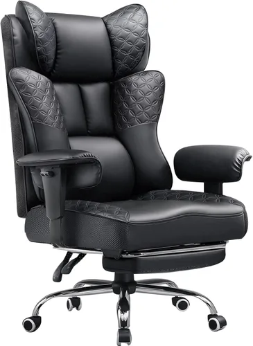 GTPLAYER Silla de Oficina Grande y Alta Ancha 400LBS Silla Ergonómica para Juegos con Cuero con Diseño de Relieve de Lujo con Reposapiés, Reclinable