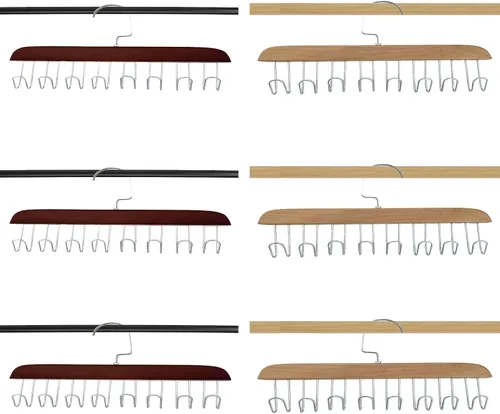 Miniatura 7 de 4 soportes de madera para cinturones, colgador multifuncional para cinturón de madera con 8 ganchos de metal, organizador de perchas de madera