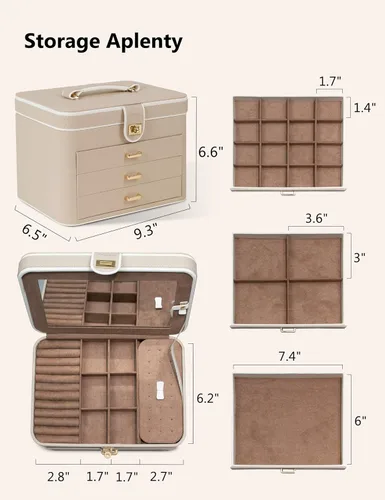 Miniatura 6 de KAMIER Caja organizadora de joyas, organizador de joyas de 4 capas con espejo, 3 cajones, caja de joyería grande para pulseras, aretes, anillos
