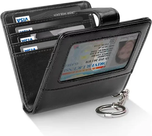 Miniatura 13 de FurArt Cartera plegable para mujer con 9 ranuras, bloqueo RFID, ventana de identificación, cartera compacta con llavero