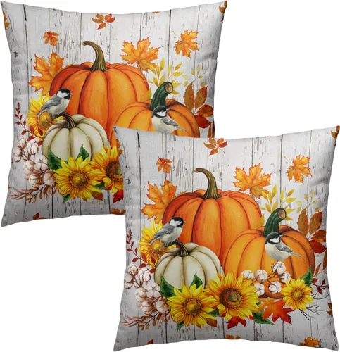 Miniatura 2 de Giwawa Juego de 2 fundas de almohada de calabaza otoñal de 16 x 16 pulgadas, fundas de cojín de algodón de madera de girasol para sofá, patio