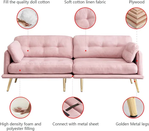 Miniatura 6 de Anwick Sofá biplaza moderno de tela de lino tapizado de 3 plazas con patas de metal y almohada para sala de estar, dormitorio, apartamento, Rosado