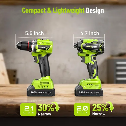 Miniatura 3 de Robustrue Kit combinado de taladro inalámbrico y atornillador de impacto de 21 V, taladro de 3/8 pulgadas y atornillador de impacto de 1/4 pulgadas