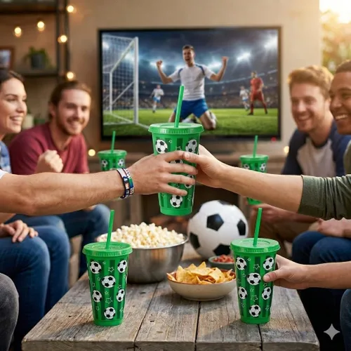Miniatura 4 de Paquete de 24 copas de fútbol con tapas y pajitas, vasos de plástico reutilizables grandes de 24 onzas para regalos de fiesta de cumpleaños, regalos