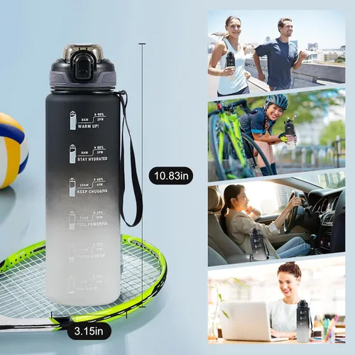 Miniatura 5 de Botella de agua deportiva con popote, botellas de agua de 32 onzas con marcador de tiempo para niños y niñas, botella de agua simple y moderna