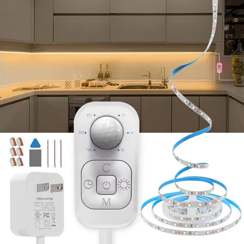 Tira de Luz LED con Sensor de Movimiento - con Adaptador de Enchufe UL FCC, Controlador Multifuncional, Atenuador, Temporizador, Luces Debajo del